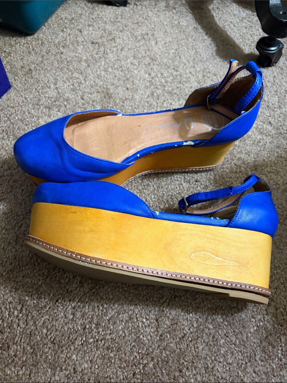Jeffrey Campbell Bright Blue Wooden Platform Wedges with Ankle Strap